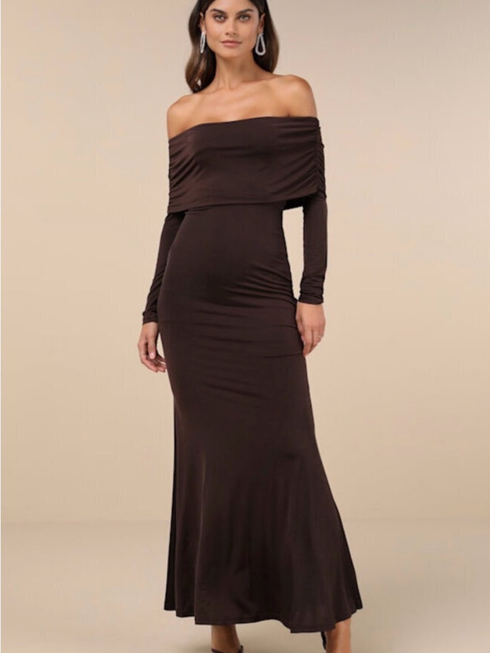 Off-Shoulder Long Sleeve Maxi Dress in Dark Brown